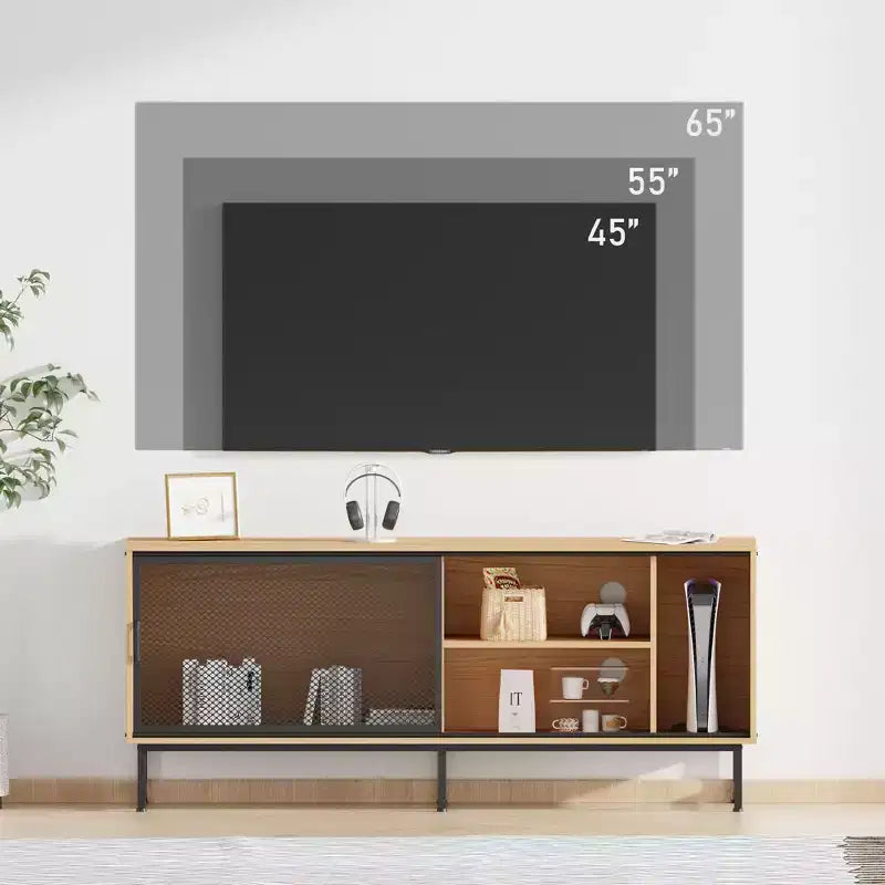 Meuble TV industriel, meuble de divertissement avec trous de gestion des câbles, pieds en métal et grand espace de rangement pour le salon