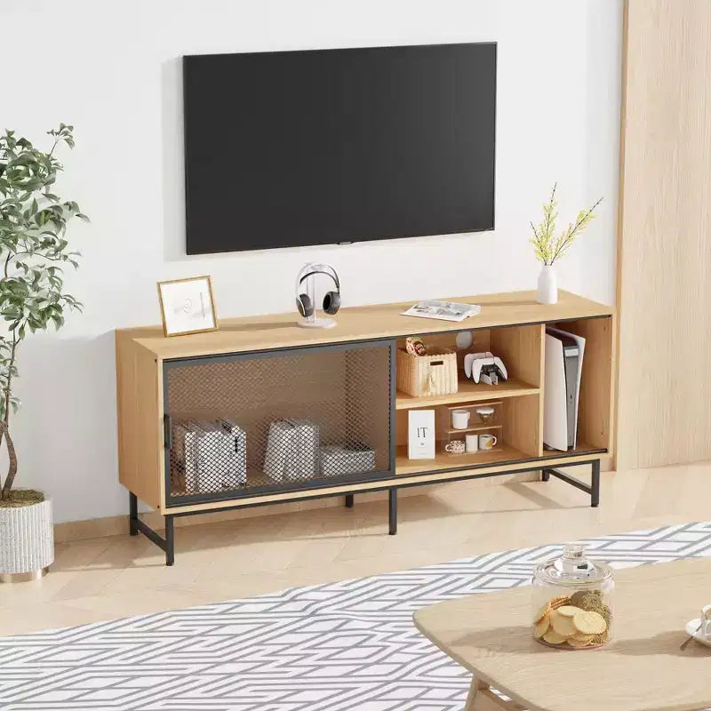 Meuble TV industriel, meuble de divertissement avec trous de gestion des câbles, pieds en métal et grand espace de rangement pour le salon