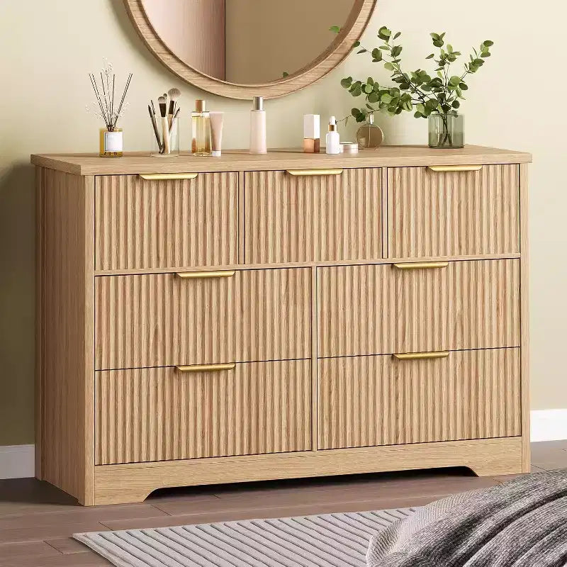 Fluted Dresser, Wooden Dresser TV Stand,7-Drawer Wood TV Stand with Gold Handles,55 Inch Modern Storage Cabinet for Bedroom Closet