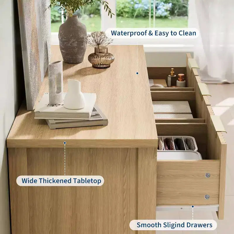 Commode cannelée, meuble TV commode en bois, meuble TV en bois à 7 tiroirs avec poignées dorées, meuble de rangement moderne de 55 pouces pour chambre à coucher ou placard