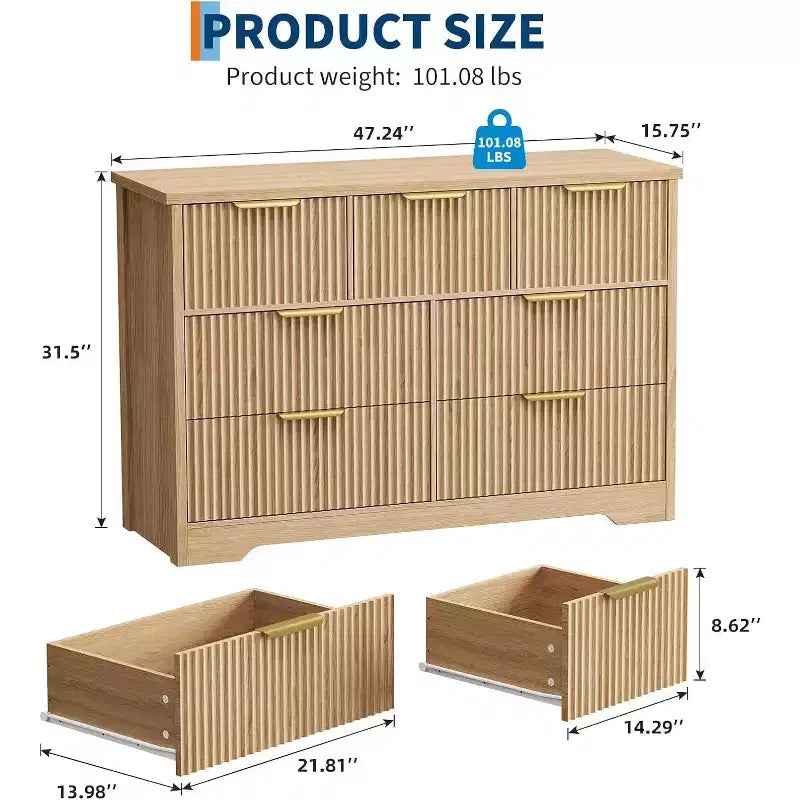 Commode cannelée, meuble TV commode en bois, meuble TV en bois à 7 tiroirs avec poignées dorées, meuble de rangement moderne de 55 pouces pour chambre à coucher ou placard
