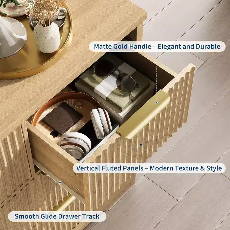 Commode cannelée, meuble TV commode en bois, meuble TV en bois à 7 tiroirs avec poignées dorées, meuble de rangement moderne de 55 pouces pour chambre à coucher ou placard