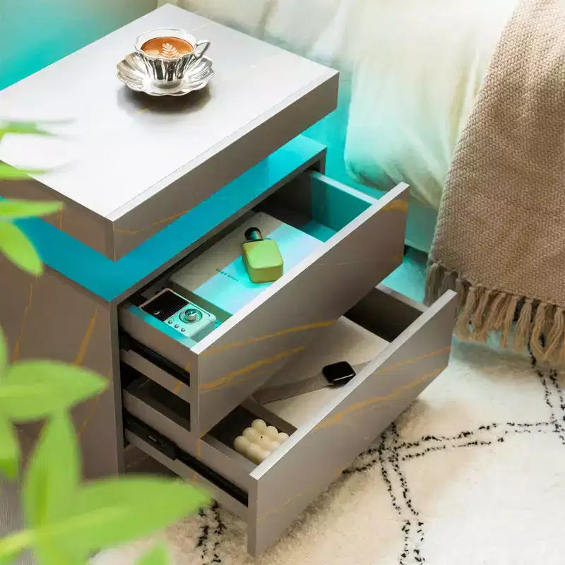 Table de Chevet avec 2 Tiroirs Table d'Appoint Moderne pour Chambre à Coucher Gris Or