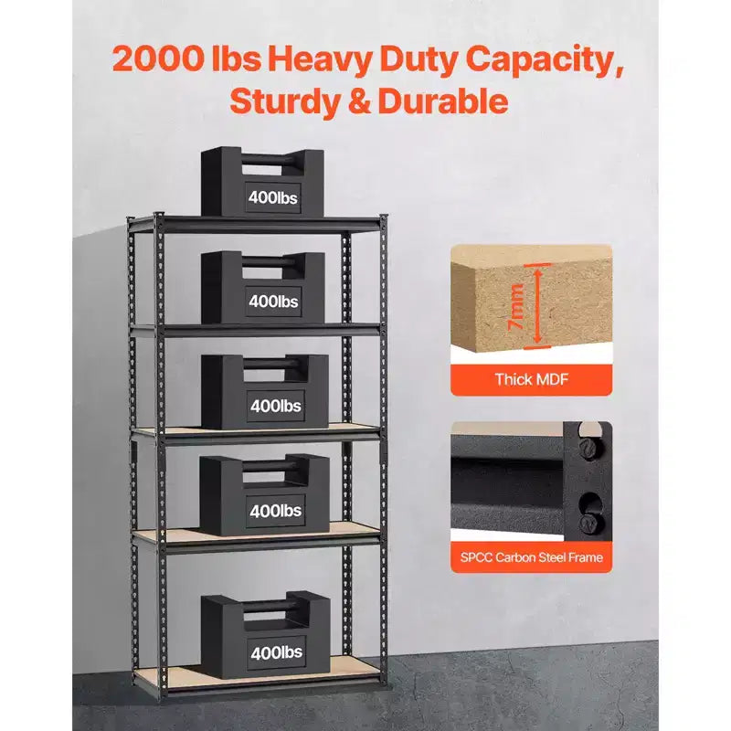 Étagères de rangement, 907 kg, étagères de rangement de garage à 5 niveaux, étagères métalliques réglables 40,6P x 91,4L x 181,4H pour étagères de garage, support utilitaire, noir