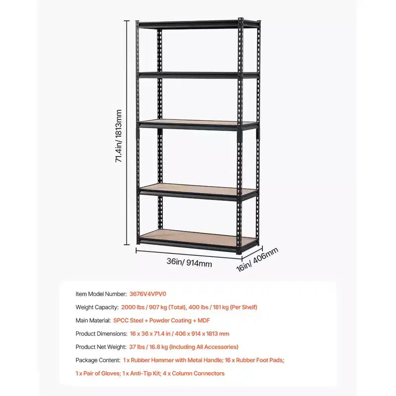 Étagères de rangement, 907 kg, étagères de rangement de garage à 5 niveaux, étagères métalliques réglables 40,6P x 91,4L x 181,4H pour étagères de garage, support utilitaire, noir