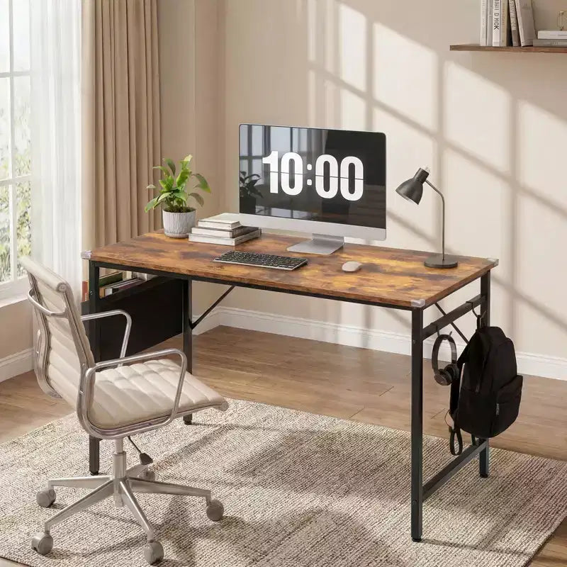 47.2 Bureau pour Télétravail - Table d'Étude avec Rangement, Crochets Latéraux et Pieds Réglables