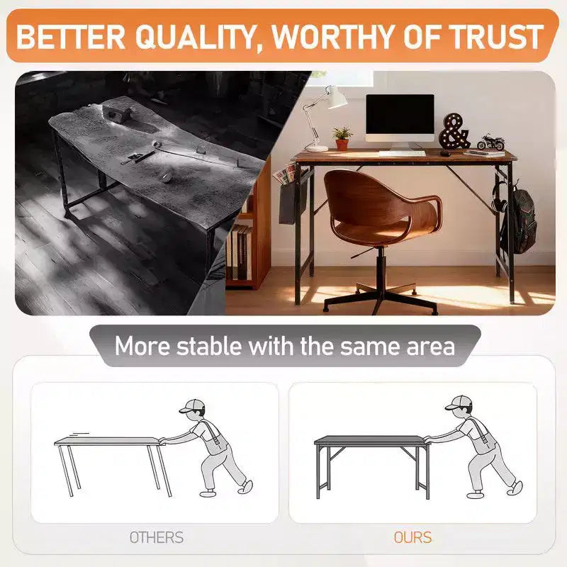 47.2 Bureau pour Télétravail - Table d'Étude avec Rangement, Crochets Latéraux et Pieds Réglables