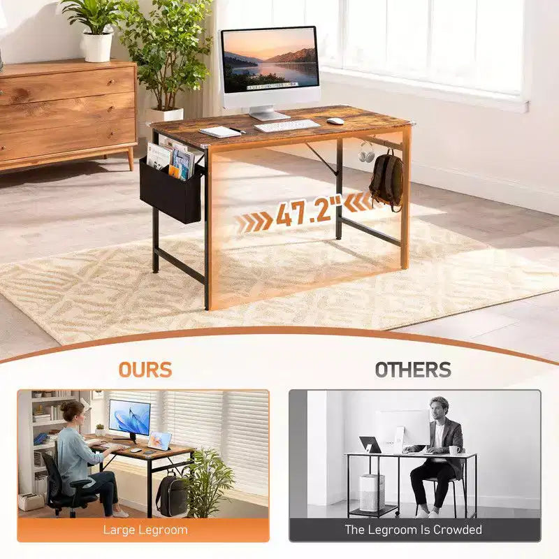 47.2 Bureau pour Télétravail - Table d'Étude avec Rangement, Crochets Latéraux et Pieds Réglables