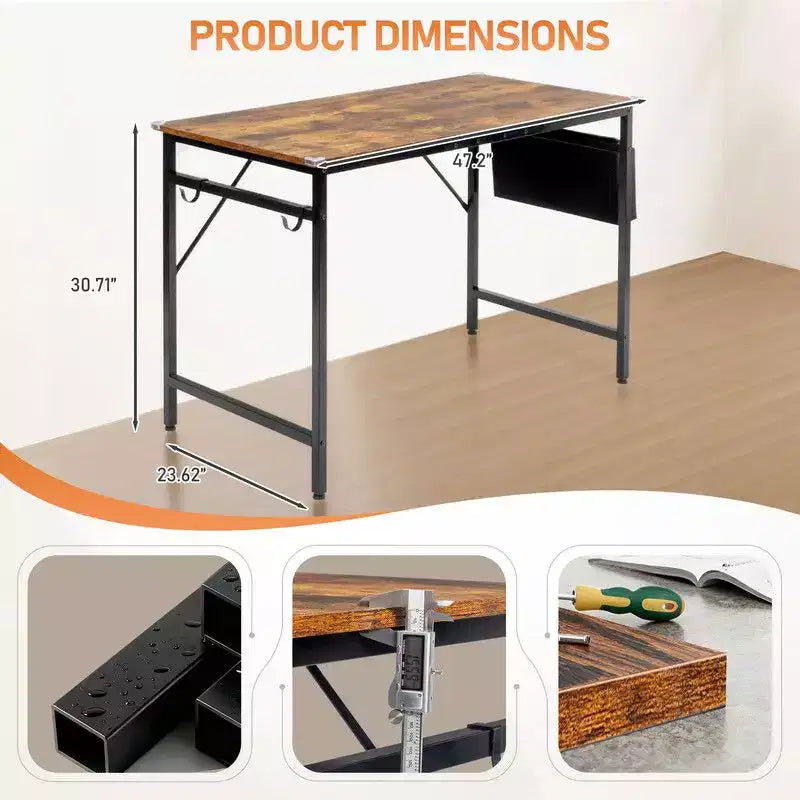 47.2 Bureau pour Télétravail - Table d'Étude avec Rangement, Crochets Latéraux et Pieds Réglables