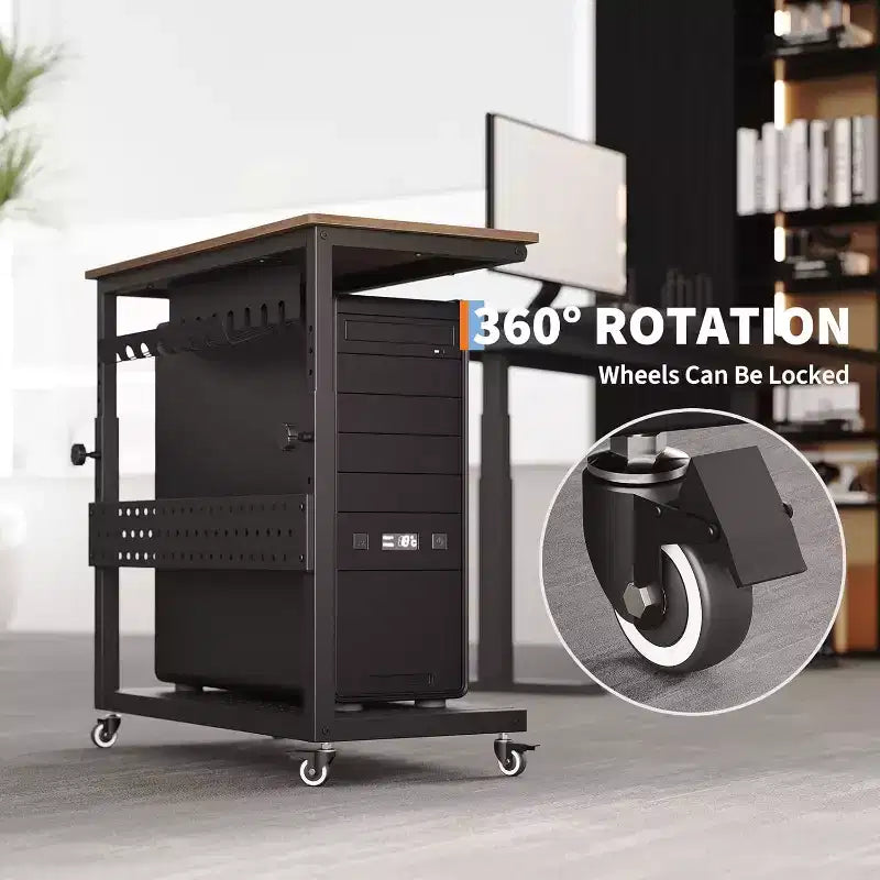 Support de tour d'ordinateur réglable avec roues, Support CPU roulant à 2 niveaux avec rangement de câbles, 11 niveaux de hauteur, Marron rustique