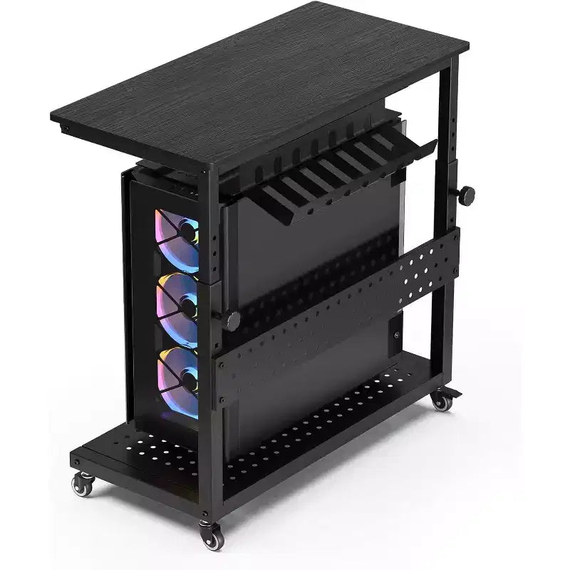 Support de tour d'ordinateur réglable avec roues, Support CPU roulant à 2 niveaux avec rangement de câbles, 11 niveaux de hauteur, Marron rustique