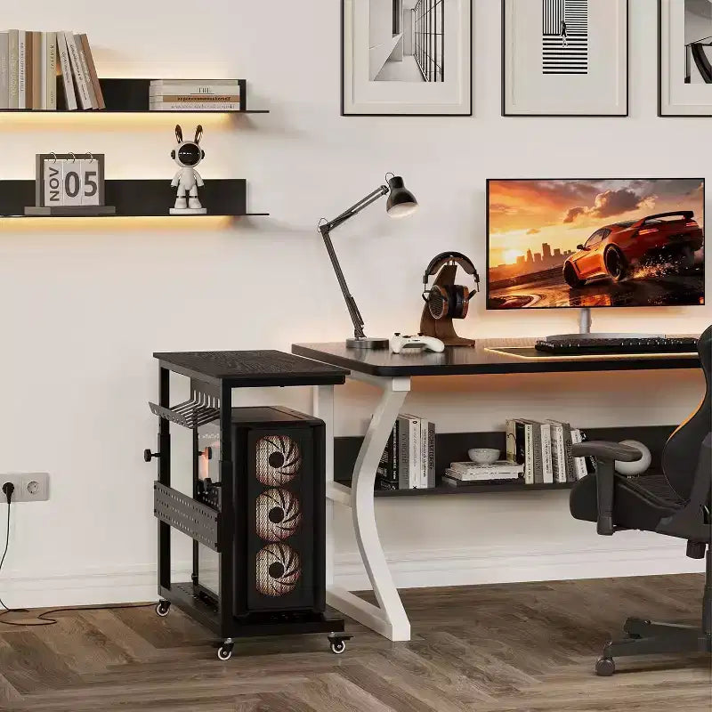 Support de tour d'ordinateur réglable avec roues, Support CPU roulant à 2 niveaux avec rangement de câbles, 11 niveaux de hauteur, Marron rustique