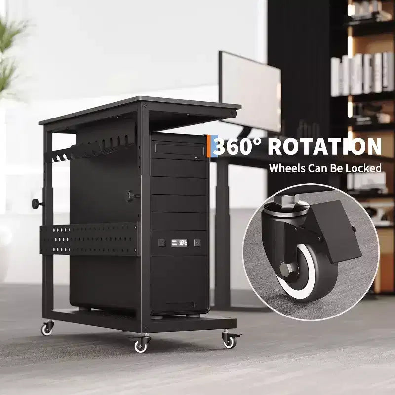 Support de tour d'ordinateur réglable avec roues, Support CPU roulant à 2 niveaux avec rangement de câbles, 11 niveaux de hauteur, Marron rustique