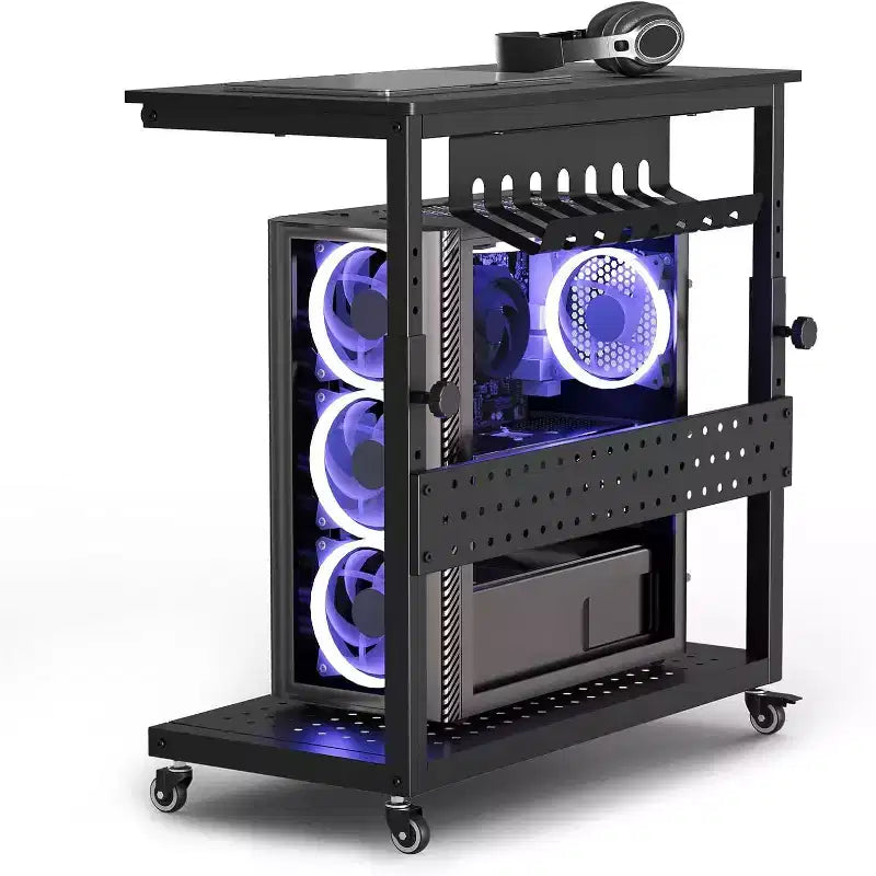 Adjustable Computer Tower Stand with Wheels, 2-Tier Rolling CPU Stand with Cable Storage, 11-Level Height, Rustic Brown