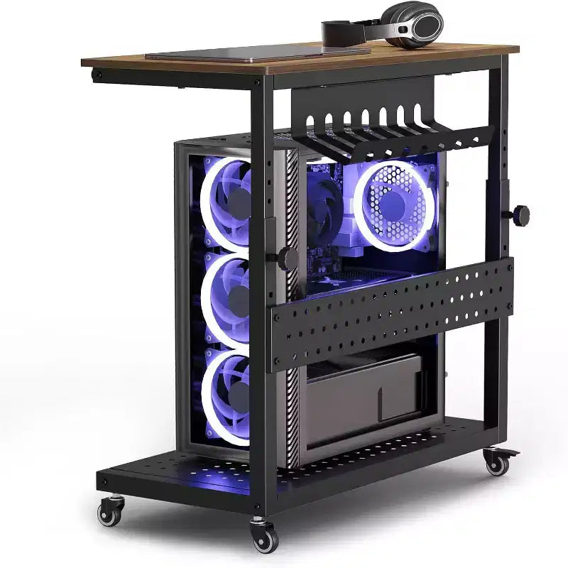 Support de tour d'ordinateur réglable avec roues, Support CPU roulant à 2 niveaux avec rangement de câbles, 11 niveaux de hauteur, Marron rustique