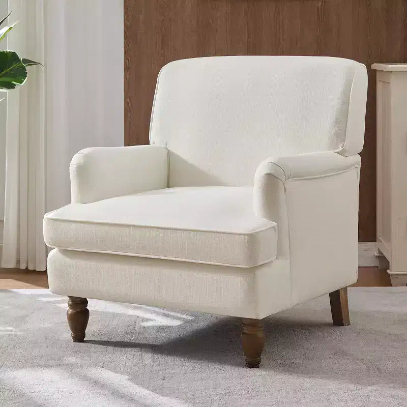 Etokfoks vintage upholstered linen armchair cream solid wood legs rolled arms thick cushion accent chair for living room bedroom