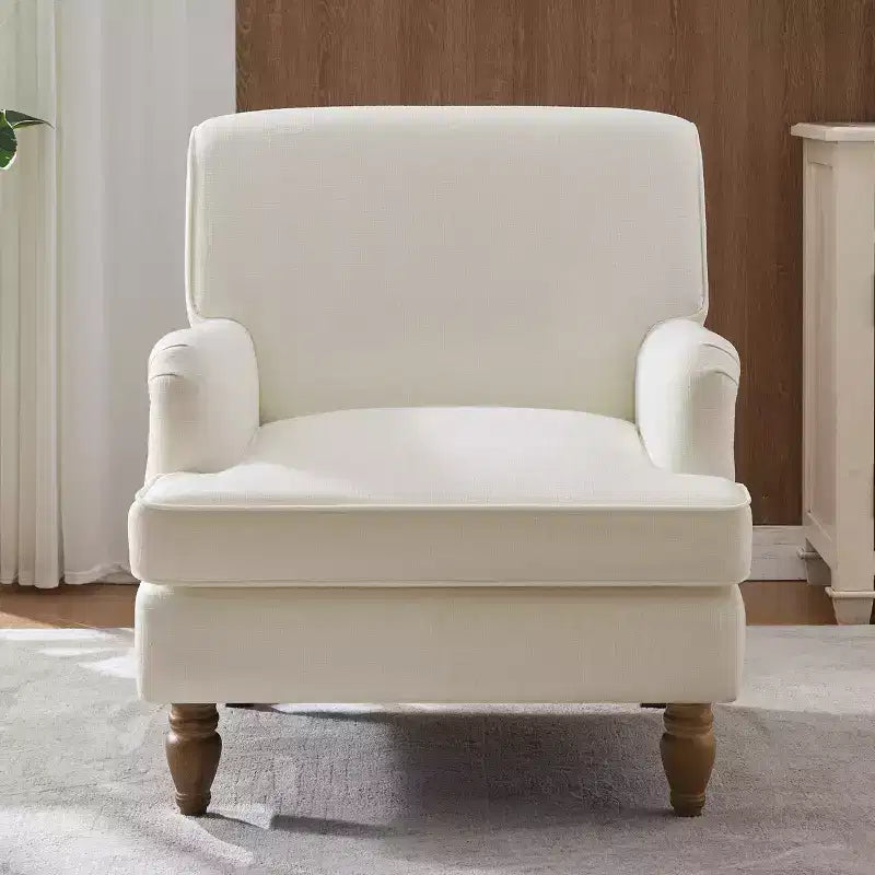 Fauteuil vintage en lin rembourré, crème, pieds en bois massif, accoudoirs roulés, coussin épais, fauteuil d'appoint pour salon chambre