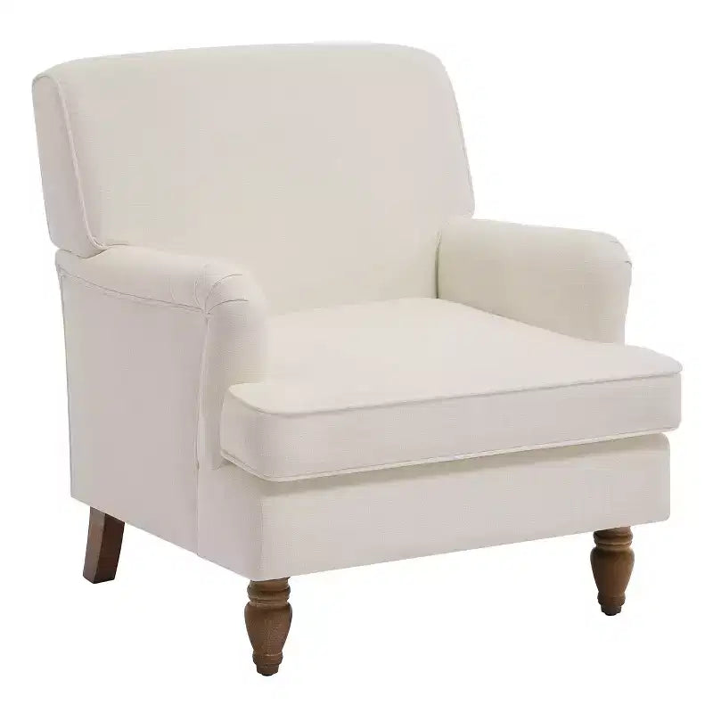 Fauteuil vintage en lin rembourré, crème, pieds en bois massif, accoudoirs roulés, coussin épais, fauteuil d'appoint pour salon chambre