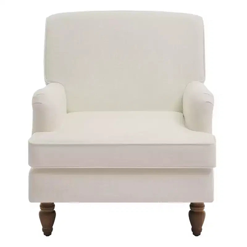 Fauteuil vintage en lin rembourré, crème, pieds en bois massif, accoudoirs roulés, coussin épais, fauteuil d'appoint pour salon chambre