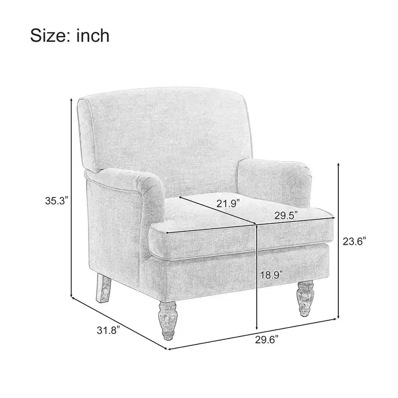 Fauteuil vintage en lin rembourré, crème, pieds en bois massif, accoudoirs roulés, coussin épais, fauteuil d'appoint pour salon chambre