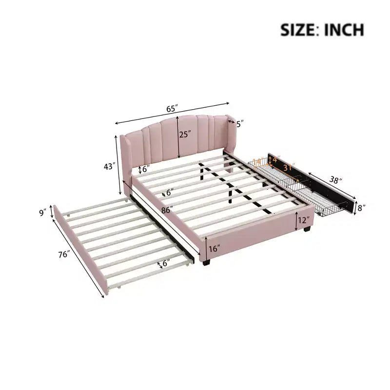 Lit plateforme rembourré Queen avec tête de lit à oreilles, cadre de lit en bois Queen avec lit gigogne et 2 tiroirs