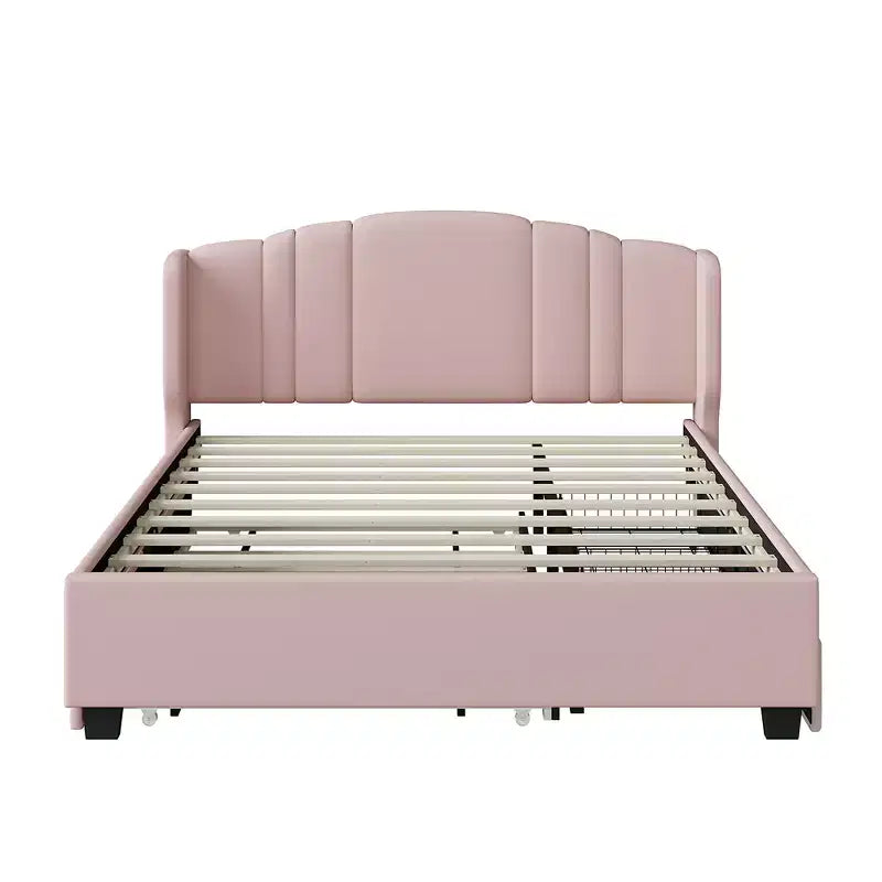 Lit plateforme rembourré Queen avec tête de lit à oreilles, cadre de lit en bois Queen avec lit gigogne et 2 tiroirs