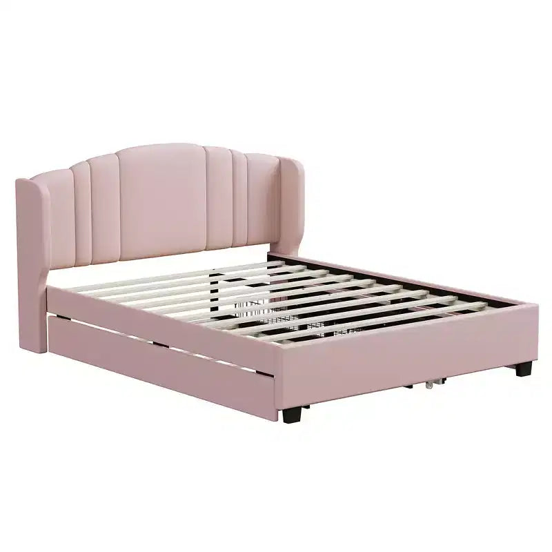 Lit plateforme rembourré Queen avec tête de lit à oreilles, cadre de lit en bois Queen avec lit gigogne et 2 tiroirs