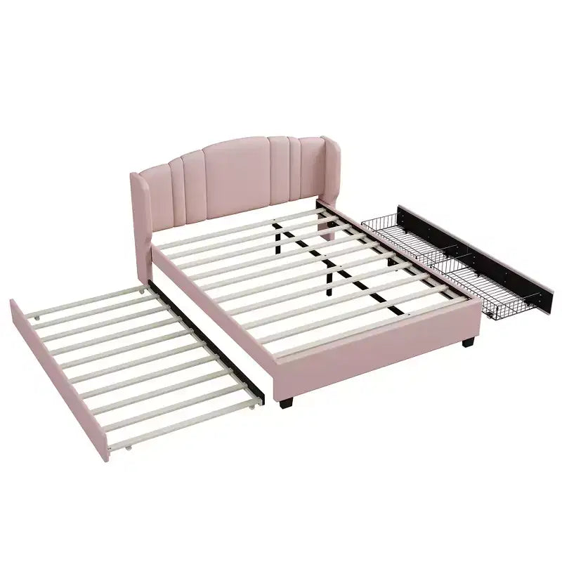 Lit plateforme rembourré Queen avec tête de lit à oreilles, cadre de lit en bois Queen avec lit gigogne et 2 tiroirs