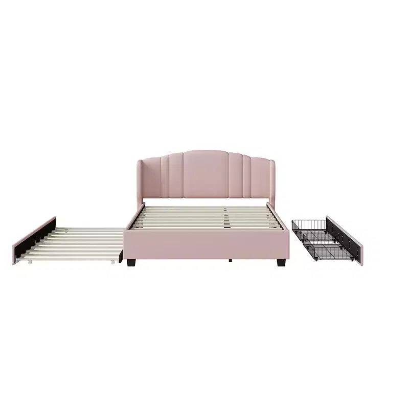 Lit plateforme rembourré Queen avec tête de lit à oreilles, cadre de lit en bois Queen avec lit gigogne et 2 tiroirs