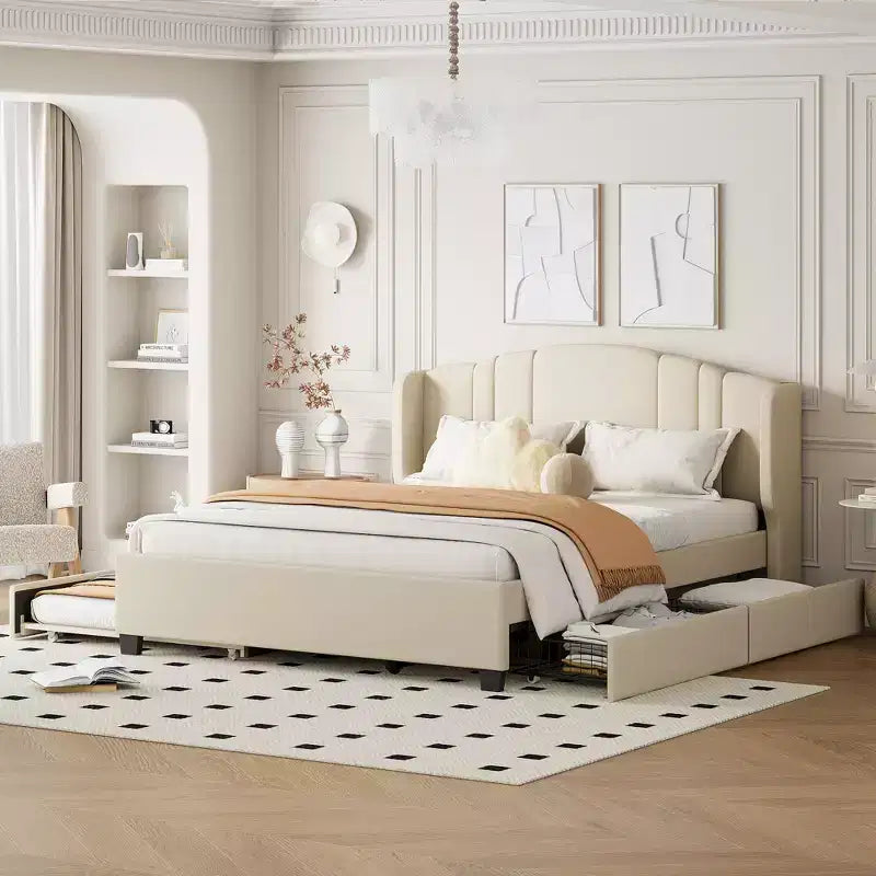 Lit plateforme rembourré Queen avec tête de lit à oreilles, cadre de lit en bois Queen avec lit gigogne et 2 tiroirs