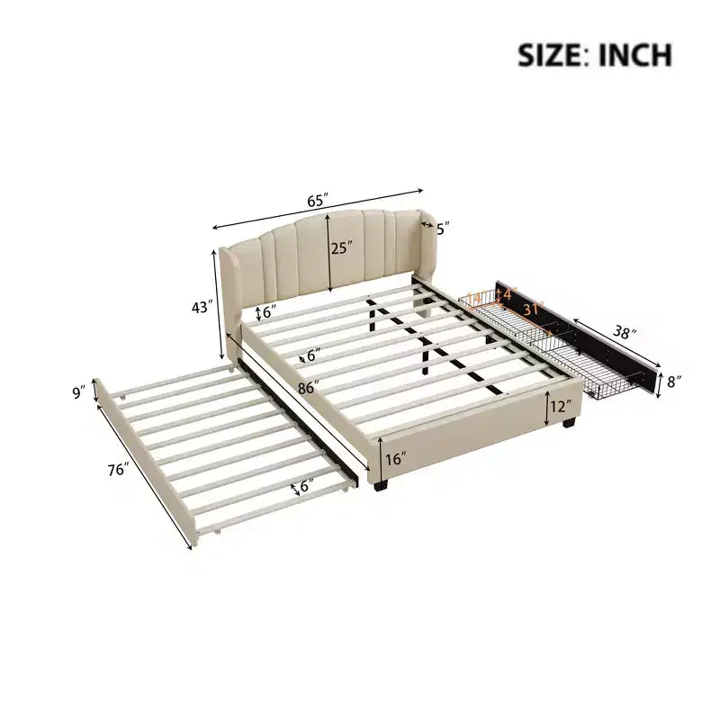 Lit plateforme rembourré Queen avec tête de lit à oreilles, cadre de lit en bois Queen avec lit gigogne et 2 tiroirs