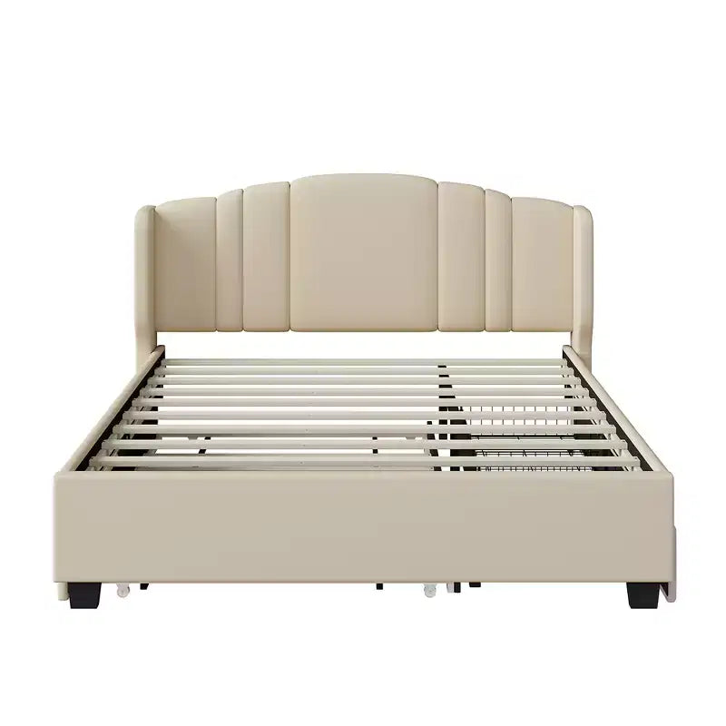 Lit plateforme rembourré Queen avec tête de lit à oreilles, cadre de lit en bois Queen avec lit gigogne et 2 tiroirs