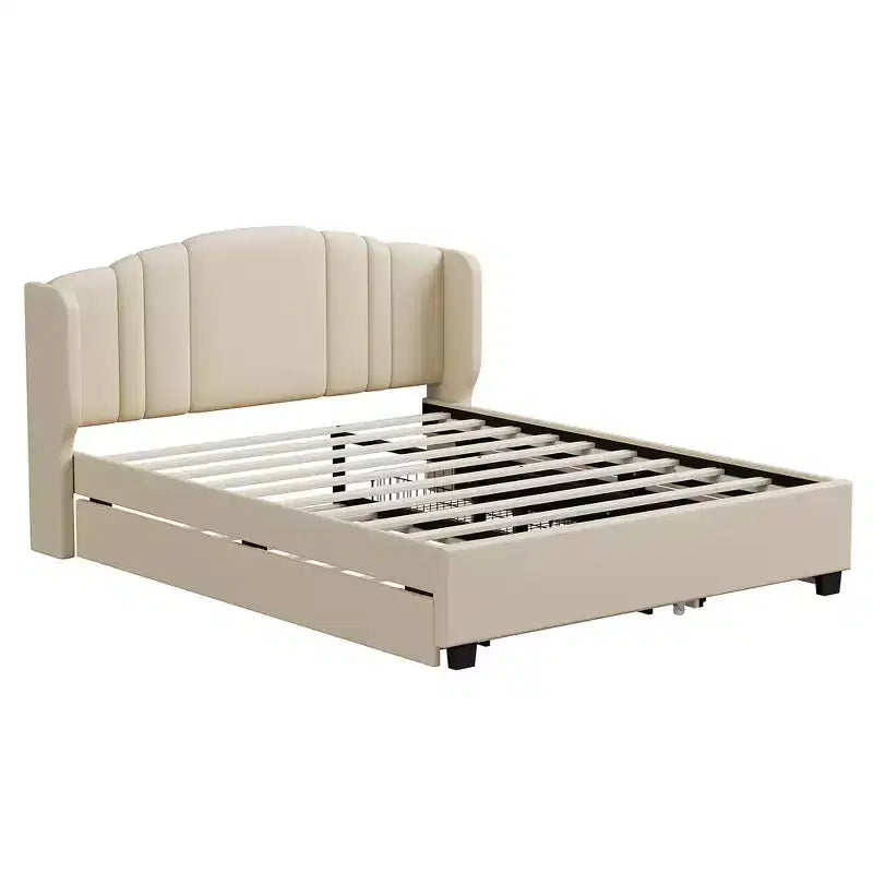 Lit plateforme rembourré Queen avec tête de lit à oreilles, cadre de lit en bois Queen avec lit gigogne et 2 tiroirs