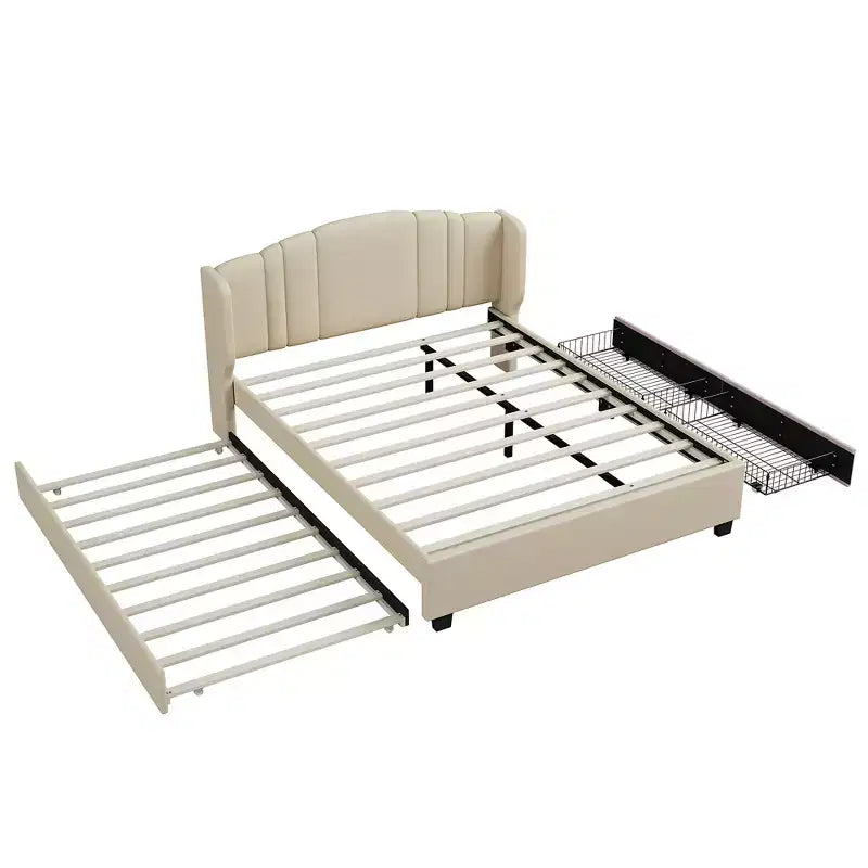 Lit plateforme rembourré Queen avec tête de lit à oreilles, cadre de lit en bois Queen avec lit gigogne et 2 tiroirs