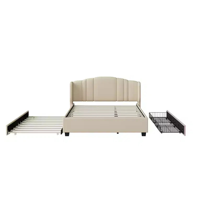 Lit plateforme rembourré Queen avec tête de lit à oreilles, cadre de lit en bois Queen avec lit gigogne et 2 tiroirs
