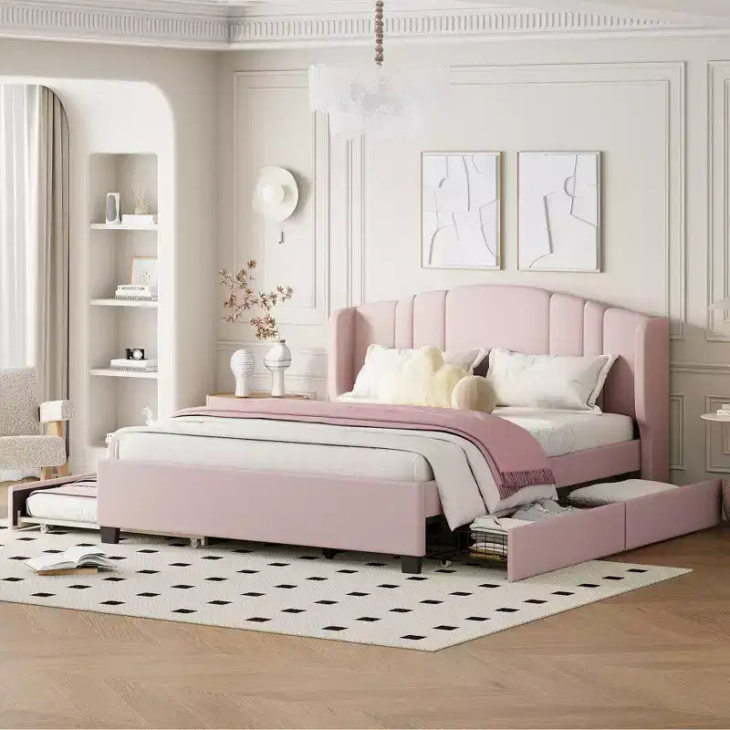 Lit plateforme rembourré Queen avec tête de lit à oreilles, cadre de lit en bois Queen avec lit gigogne et 2 tiroirs