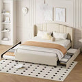 Queen Upholstered Platform Bed with Wingback Headboard, Queen Size Wooden Bedframe with Trundle and 2 Drawers