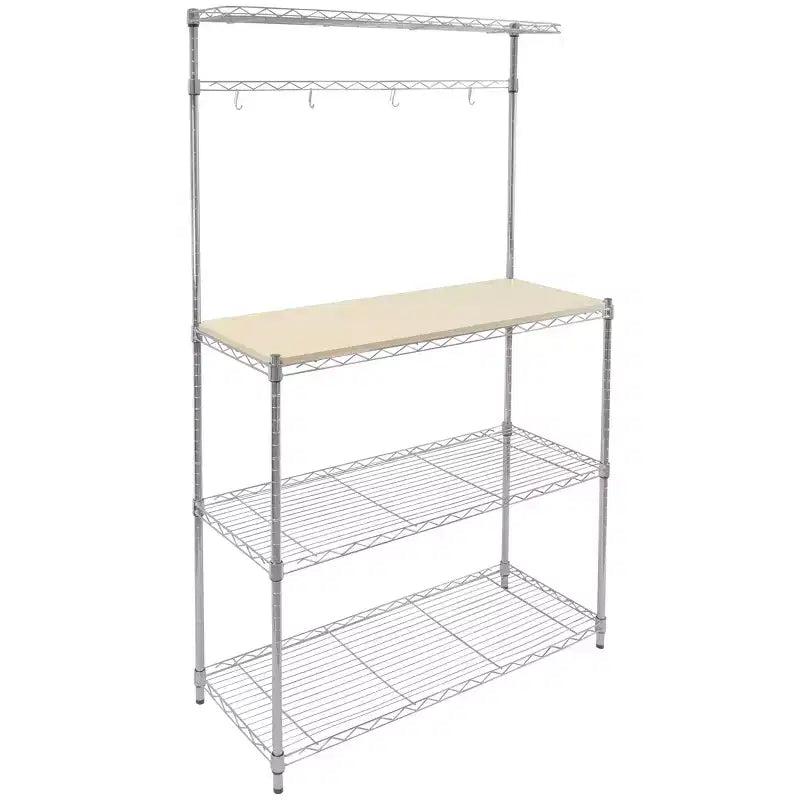 Mount-It! Baker's Rack with Wood Table | Kitchen Storage Shelf Rack with Hooks | Microwave Oven Stand Heavy-Duty Metal Frame