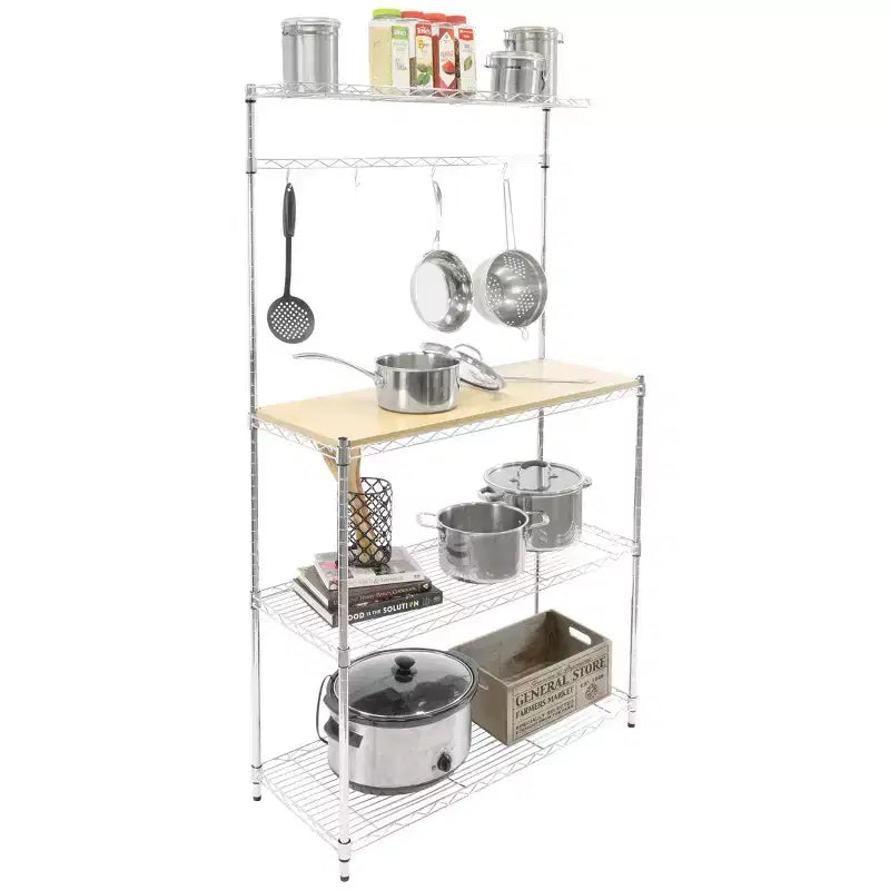 Étagère de Boulanger avec Table en Bois, Étagère de Rangement de Cuisine avec Crochets, Support de Four à Micro-ondes, Cadre Métallique Robuste