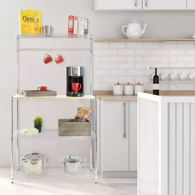 Étagère de Boulanger avec Table en Bois, Étagère de Rangement de Cuisine avec Crochets, Support de Four à Micro-ondes, Cadre Métallique Robuste