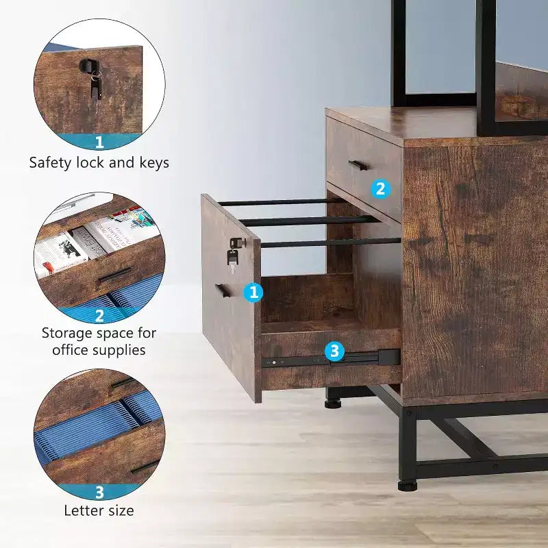 Meuble de rangement vertical à 2 tiroirs, Meuble d'appoint pour imprimante avec étagères de rangement ouvertes