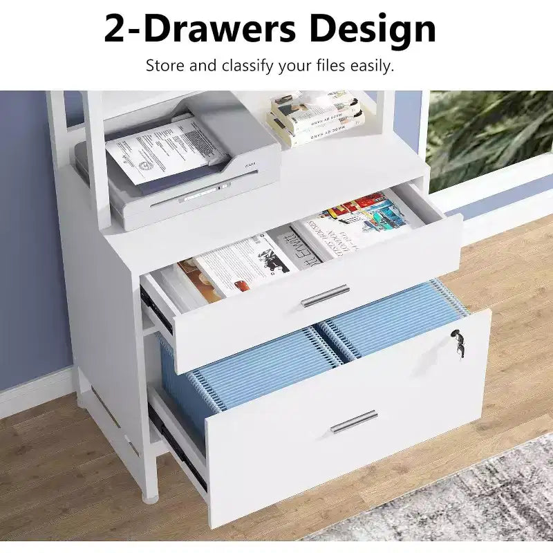 Meuble de rangement vertical à 2 tiroirs, Meuble d'appoint pour imprimante avec étagères de rangement ouvertes