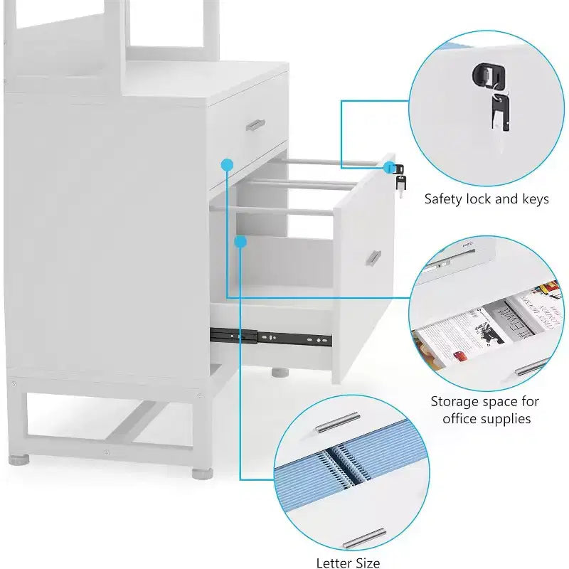 Meuble de rangement vertical à 2 tiroirs, Meuble d'appoint pour imprimante avec étagères de rangement ouvertes