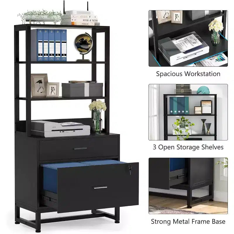 Meuble de rangement vertical à 2 tiroirs, Meuble d'appoint pour imprimante avec étagères de rangement ouvertes