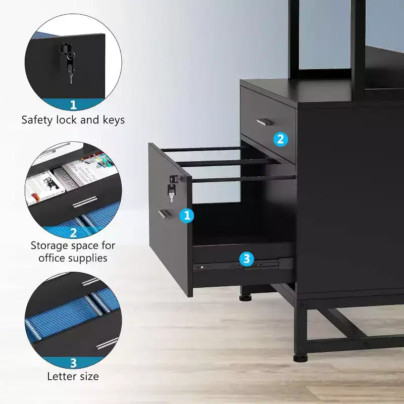 Meuble de rangement vertical à 2 tiroirs, Meuble d'appoint pour imprimante avec étagères de rangement ouvertes