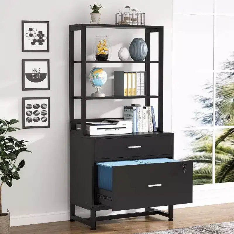 Meuble de rangement vertical à 2 tiroirs, Meuble d'appoint pour imprimante avec étagères de rangement ouvertes