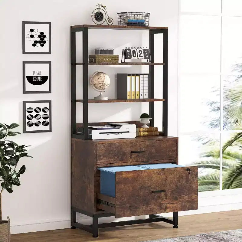 Meuble de rangement vertical à 2 tiroirs, Meuble d'appoint pour imprimante avec étagères de rangement ouvertes