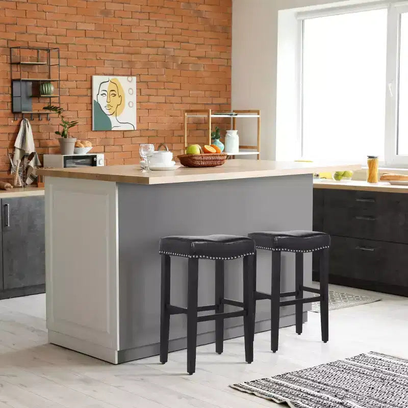 Tabouret de bar 29 po avec siège rembourré en selle (ensemble de 2), noir/noir
